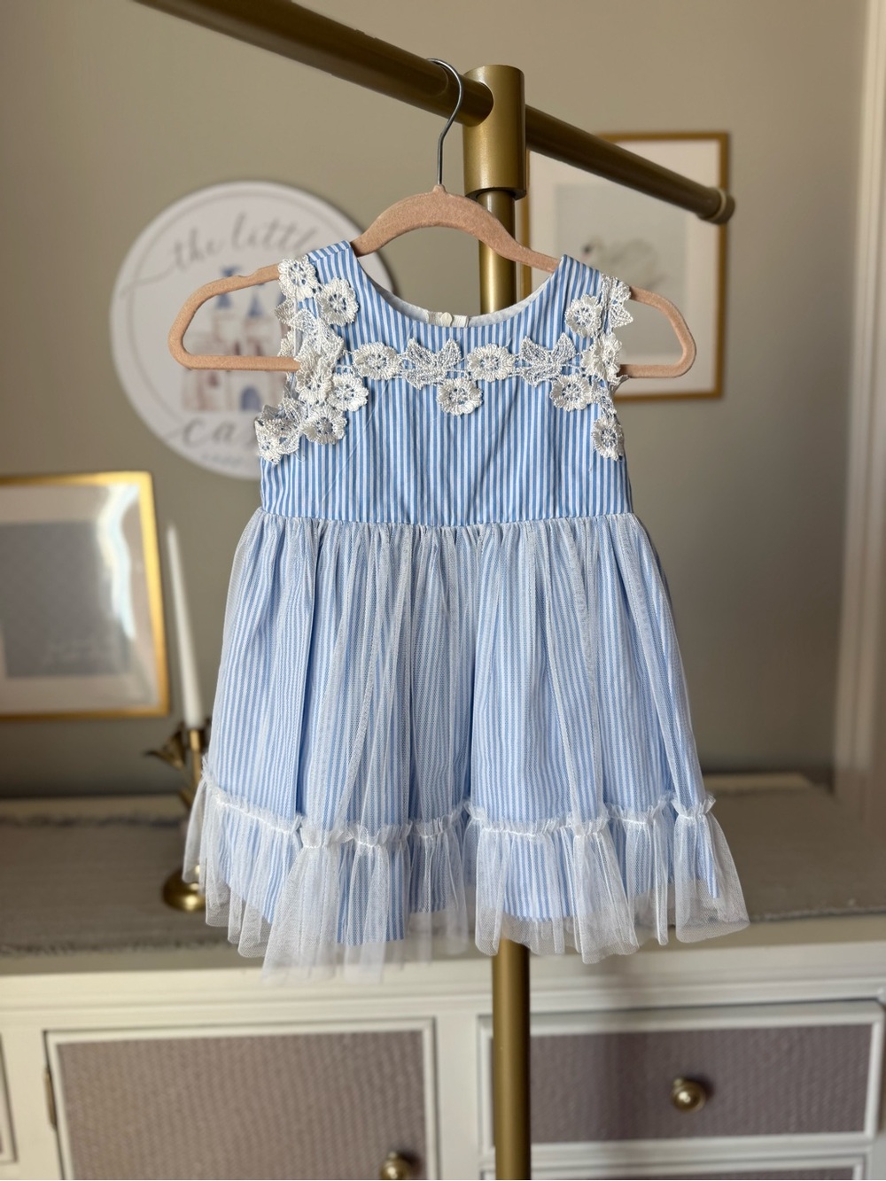 Sleeveless Blue Stripe Floral-Applique Girls Dress - Picture 1 of 1